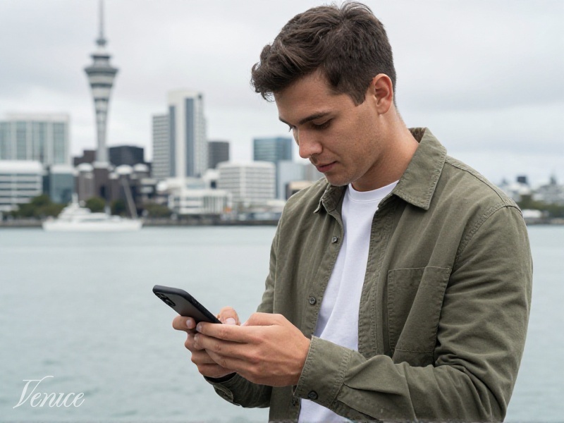 Young Kiwi man comparing dating apps on his phone outdoors in Auckland