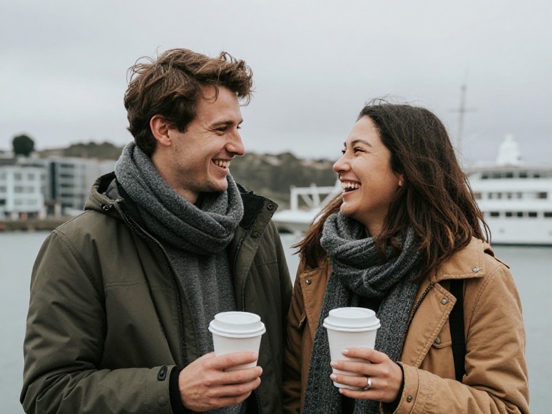 A smiling couple in warm winter coats sharing takeaway coffees on the Wellington waterfront on a crisp July morning, steam rising from their cups