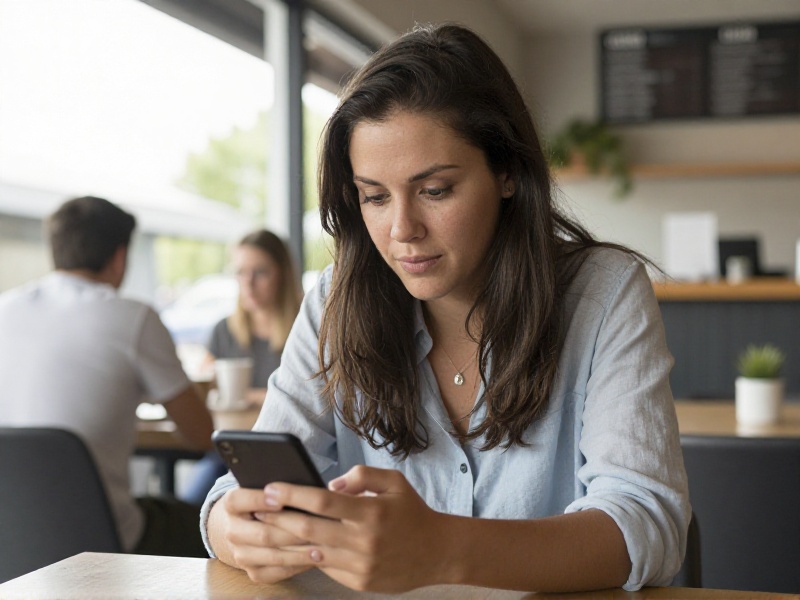 A young New Zealand woman compares dating apps on her phone at a Wellington cafe, thoughtfully weighing free versus paid features in soft natural daylight.