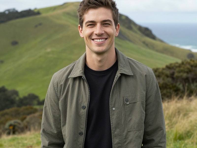 A smiling New Zealand single sitting on a coastal walkway with a backpack and a scenic harbour behind, relaxed natural daylight, realistic lifestyle photo
