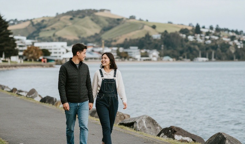 A friendly couple smiling over coffee on a relaxed first date at an outdoor cafe table beside a city waterfront in New Zealand