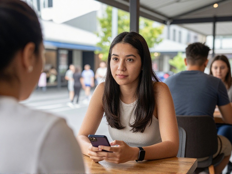 Two people meeting for the first time at a busy outdoor cafe in daylight on an Auckland waterfront, sitting at a public table in a relaxed, safe setting