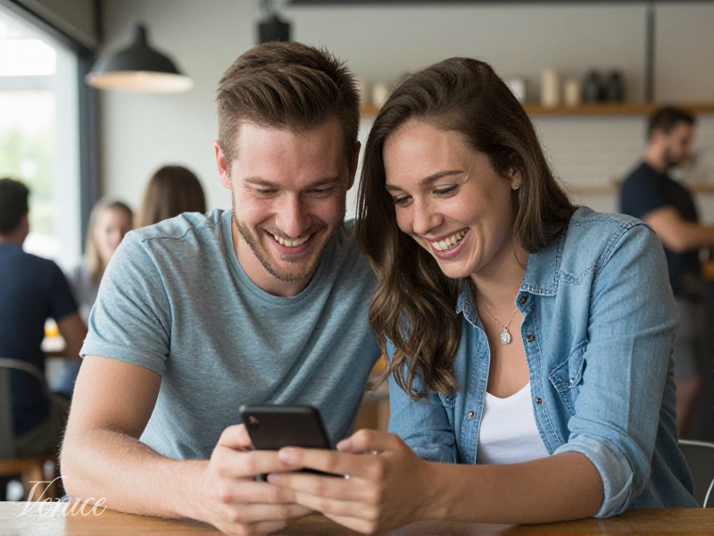 Happy New Zealand couple laughing together over a phone in a Wellington cafe