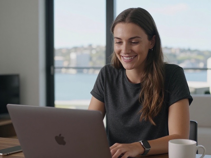 A young New Zealand woman smiling during a video call on her laptop in a sunlit Wellington apartment, a coffee cup beside her and harbour visible through the window