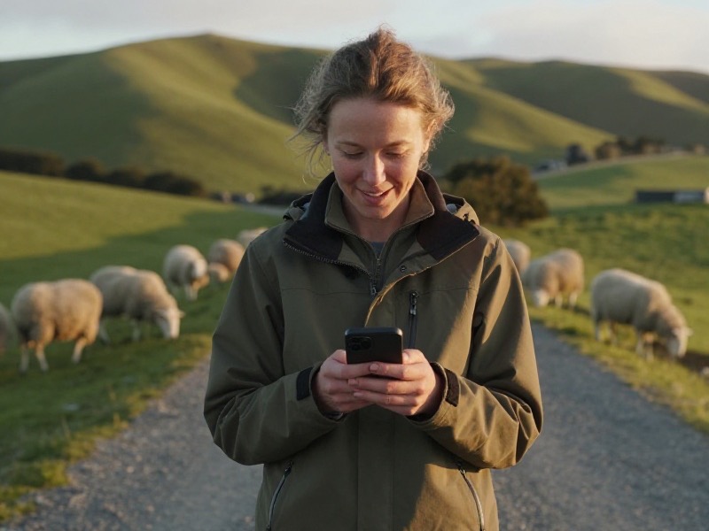 A woman in a wool jumper leans against a farm gate at dusk, checking her phone with rolling green paddocks and a distant hill range behind her in rural New Zealand
