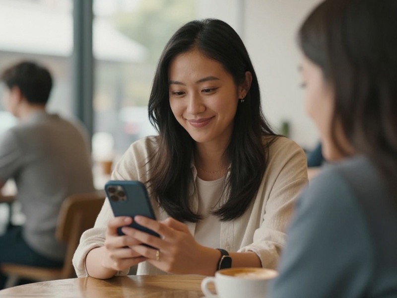 Confident young woman reviewing a dating app profile on her phone at a bright Wellington waterfront cafe before meeting a first date