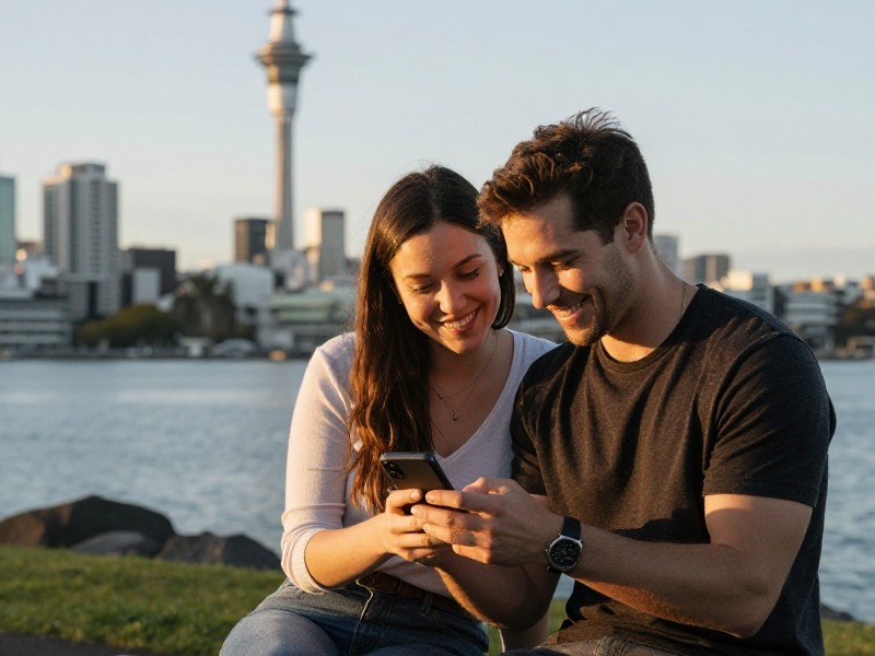A young Kiwi couple sit together on a bench overlooking Auckland harbour at golden hour, both smiling and looking at one phone, the Sky Tower softly visible in the background, photo-realistic and warm natural light