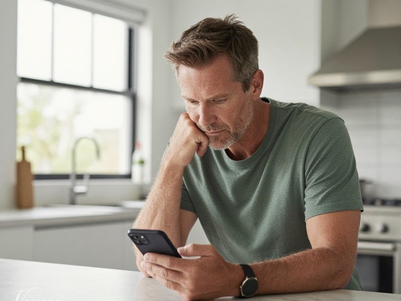 Cautious Kiwi man checking a suspicious dating profile on his laptop at home in Wellington