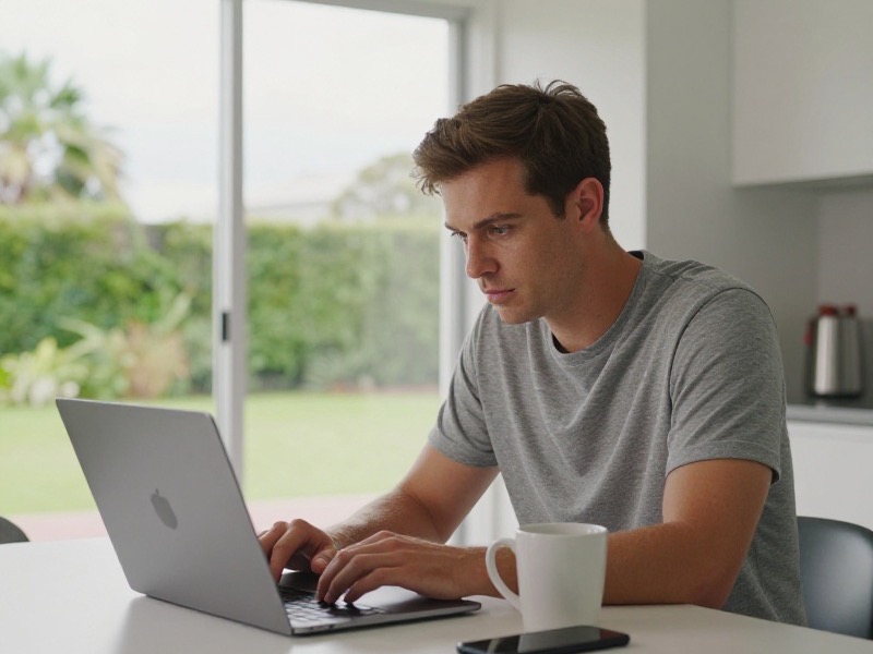 A young woman sitting in an Auckland flat comparing two dating profile photos on her laptop while running a reverse image search on her mobile.
