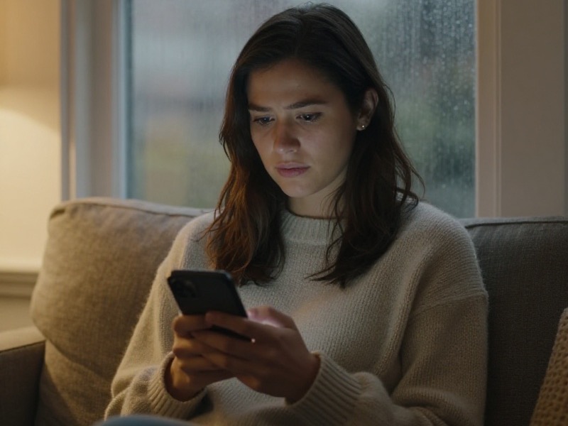 A young New Zealand woman sitting on her couch in a Wellington flat on a rainy evening, looking at her phone with a thoughtful, slightly wary expression as an old message notification appears on screen.